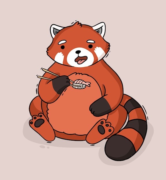 Vector cartoon raccoon red panda eating sushi