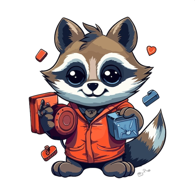 A cartoon raccoon with a box of gifts