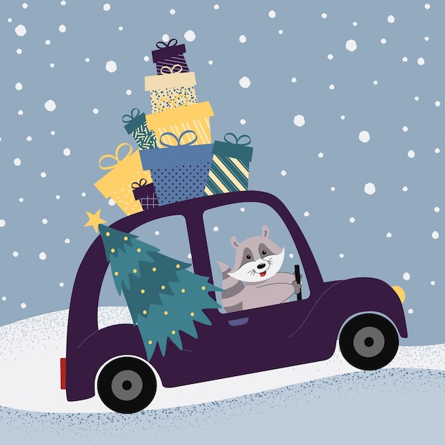 Cartoon raccoon with gifts rides by car from the store