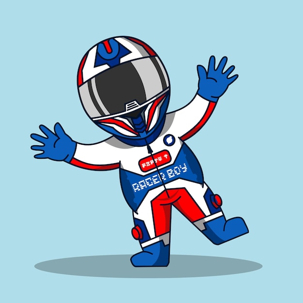 A cartoon of a race driver wearing a helmet with the words race day on it.