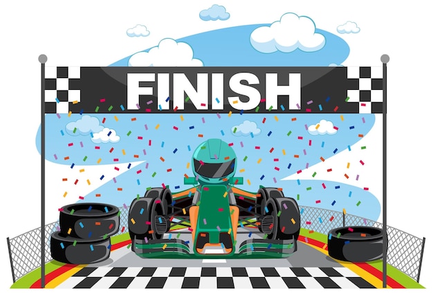 Cartoon racewagen bereikt de finish