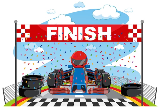 Cartoon Racing Car Reach The Finish Line