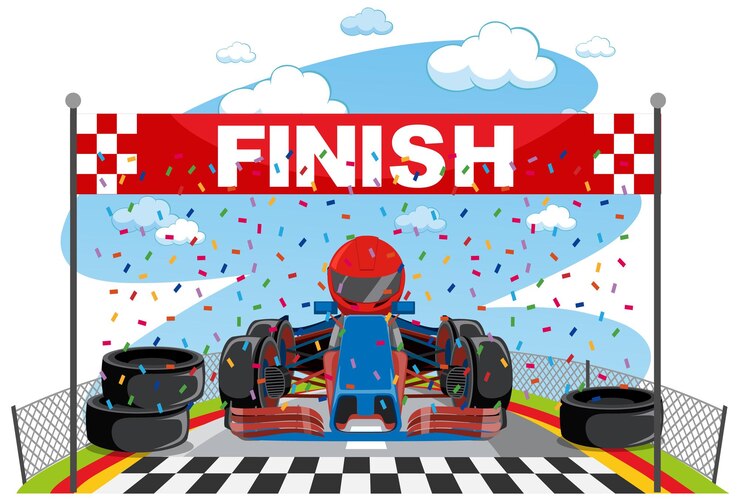 Vector cartoon racing car reach the finish line
