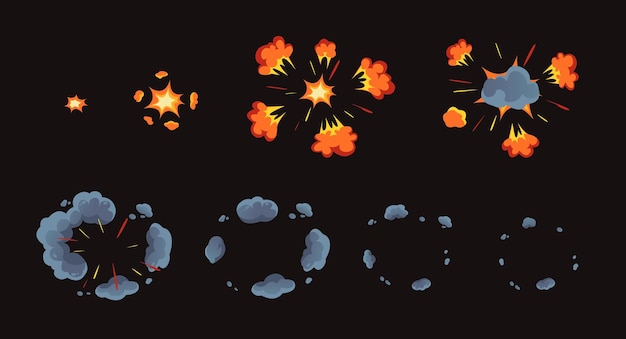 Cartoon radiale bom ontploffing animatie Dynamische vurige ontploffing met uitbreidende rookpoof wolken en gloeiende vonken Explosieve impact effect geanimeerde frames sequentie vector set