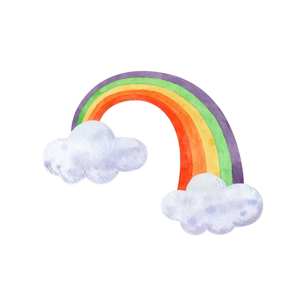 Мультяшная радуга с облаками на белом фоне Детский рисованный векторный клипарт