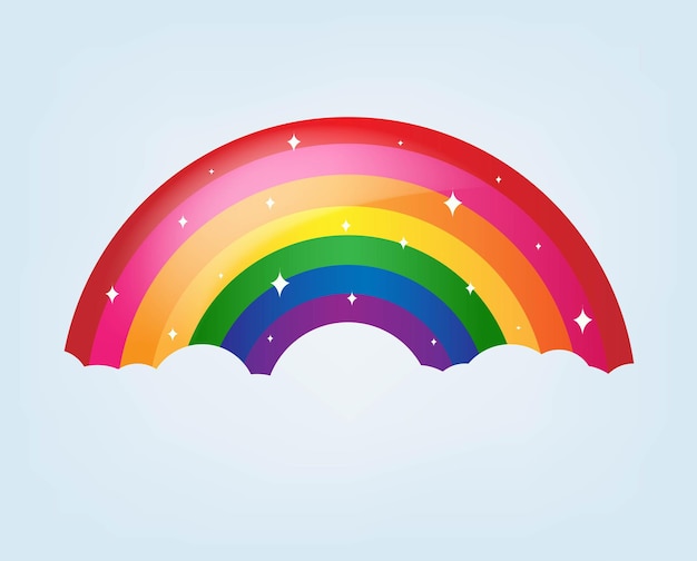 Arcobaleno di cartone animato con stelle e sfondo blu con maglia sfumata, illustrazione vettoriale