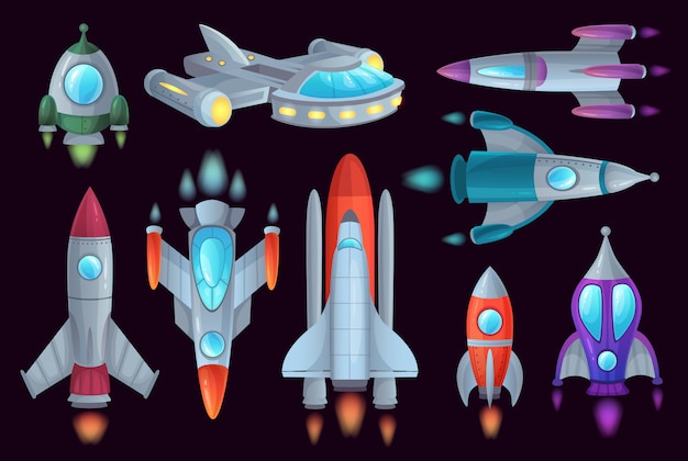 Vector cartoon raketten. ruimterakschip, ruimtevaartraket en ruimtevaartuigschip geïsoleerde illustratiereeks