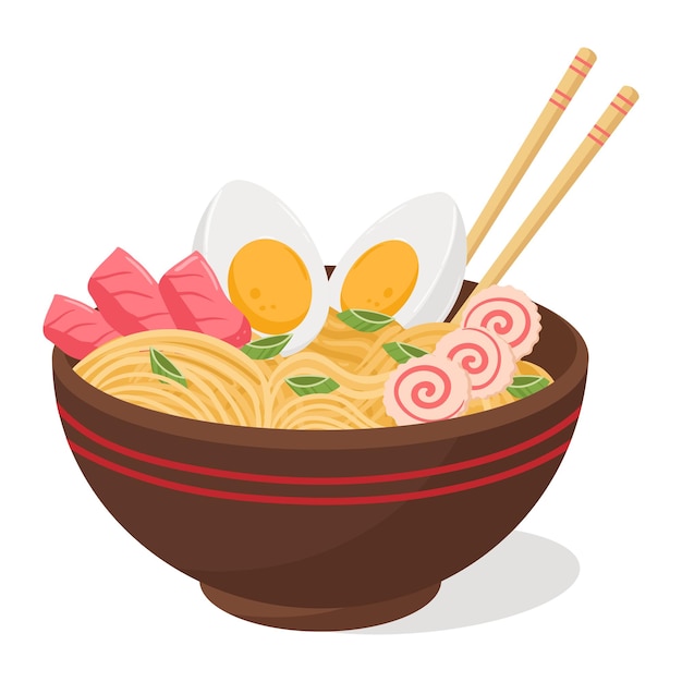 Cartoon ramen bowl japanse noedelsoep traditionele smakelijke bouillon met noedels en eieren platte vector illustratie witte achtergrond