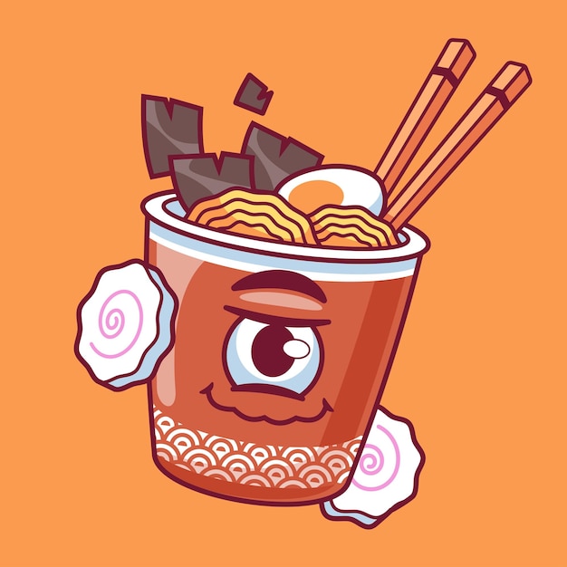 Cartoon ramen cup scary halloween illustration