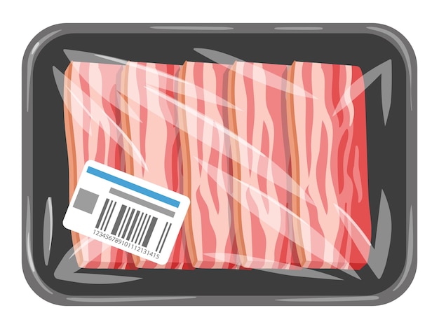 Cartoon rauw spek varkensvlees plakjes rood spek in vacuüm plastic verpakking smakelijke spekreepjes verpakt met polyethyleen platte vectorillustratie op witte achtergrond