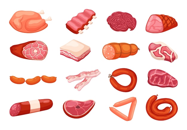 Vector cartoon rauw vlees voedsel verse producten van landbouwdieren eiwitmeel kip worstjes en steak rundvlees en varkensvlees schapenvlees ingrediënten spek en salami barbecue grill menu vector geïsoleerde pictogrammen set