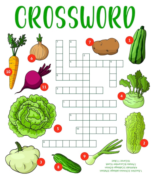 Cartoon raw farm vegetables on crossword puzzle