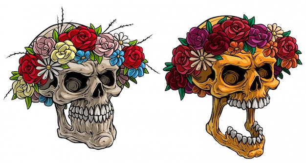 Cartoon realistic human skulls with flower wreath