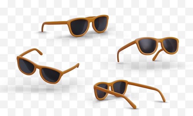 Cartoon realistische 3D-zonnebril in verschillende posities Product voor bedrijf dat zonnebrillen verkoopt