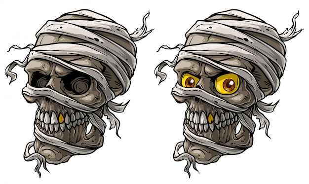 Cartoon realistische enge mummie schedels vector set