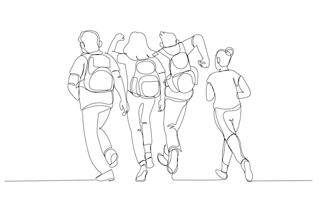 Cartoon of rear view of school people running outside One line art style