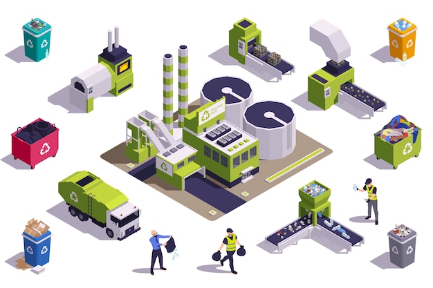 Cartoon recycling set in isometric style