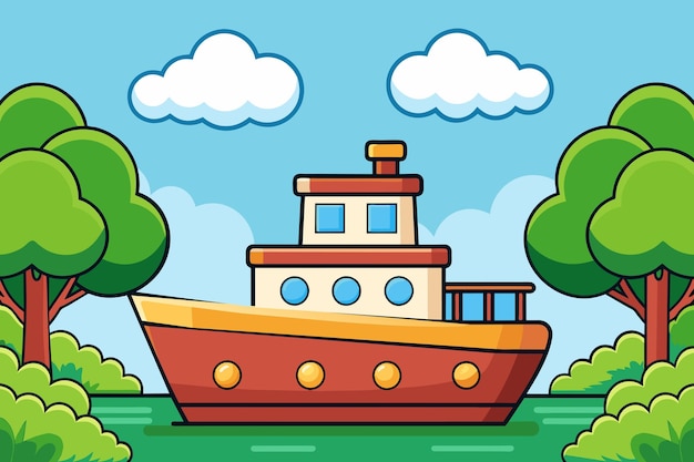 Vector a cartoon of a red boat with trees in the background