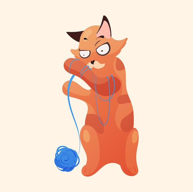 Cartoon red cat thoughtfully playing with a ball of thread