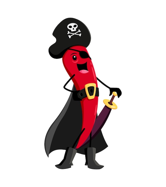 Cartoon red chili pepper pirate and corsair character. Isolated vector guindilla fiery and daring filibuster personage. Hot spicy sea rover, zestful captain wear black tricorn hat and cape