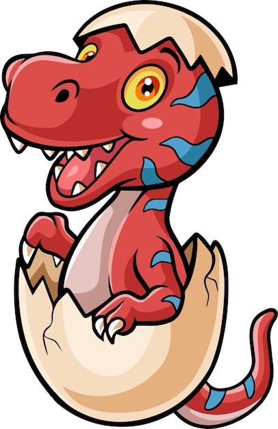 Cartoon red dinosaur hatching from egg