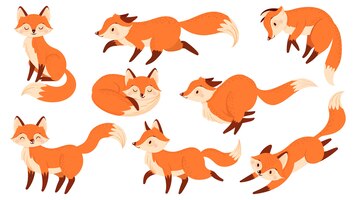 cartoon red fox. funny foxes with black paws, cute jumping animal. foxy character, predator fox mascot or wildlife forest animal mammal. isolated vector illustration icons set