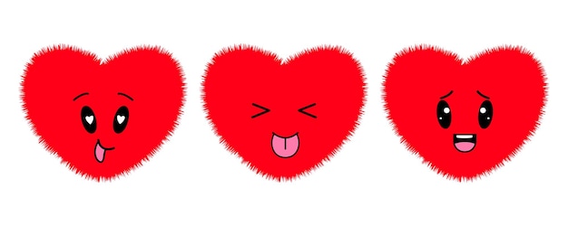 Cartoon red heart character Cute heart emoji set Love vector illustration