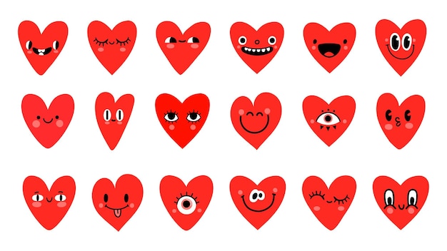 Personaggi del cuore rosso dei cartoni animati con emoticon facce buffe. simbolo di san valentino. cuori romantici carini con gli occhi per logo o set vettoriale di adesivi