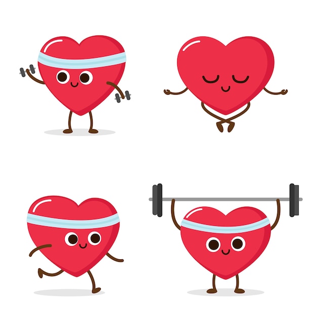 Vector cartoon red heart running weight lifting dumbbels meditating cardio exercise sport activity