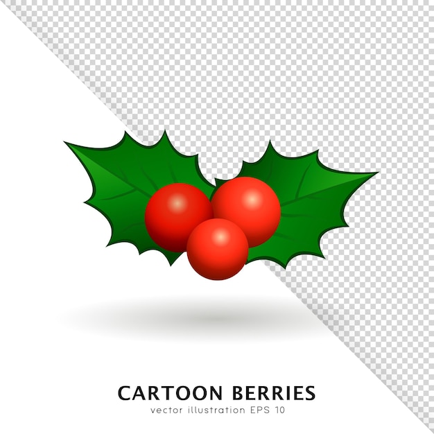 Cartoon red holly berries with bright green leaves. 3d poinsettia branch for Christmas decoration