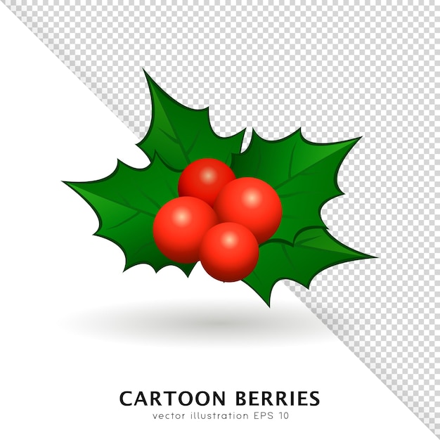 Cartoon red holly berries with bright green leaves. Christmas poinsettia twig, mistletoe branch