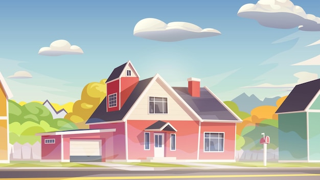 Vector cartoon red house at morning in suburb