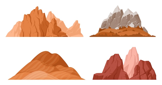 Мультфильм красные горы скалистый хребет и пик открытый походы природа пейзаж горный силуэт плоский векторный набор иллюстраций на белом фоне