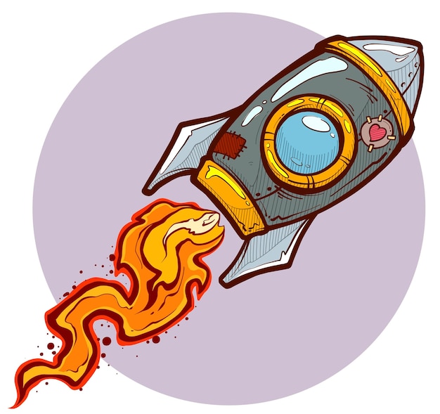 Vector cartoon red space rocket flying with heart sticker