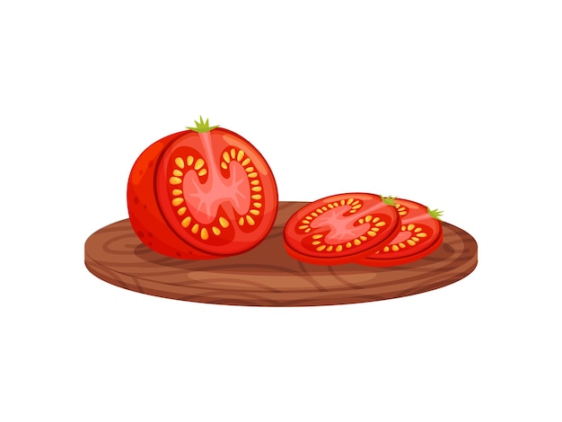 Cartoon red tomato on cutting board on white background Fresh vegetable slice Vegetarian concept Natural healthy food Vector flat illustration