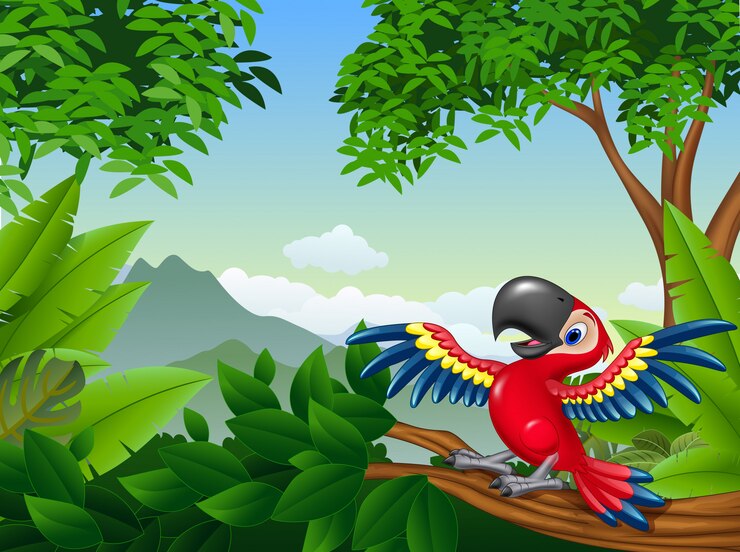 Vector cartoon red toucan in the jungle