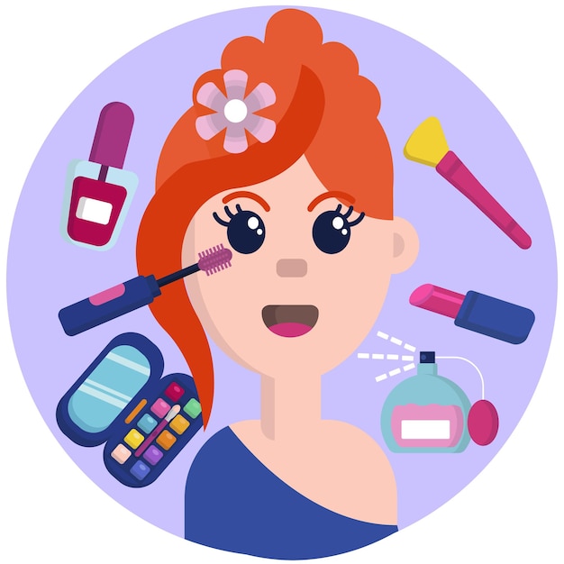 Vector cartoon redhead girl and makeup beauty cosmetology set concept