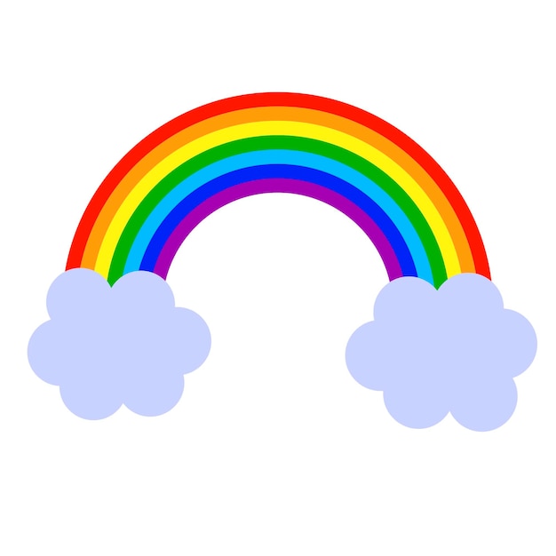 Cartoon regenboog en wolken in vlakke stijl geïsoleerd op een witte achtergrond.