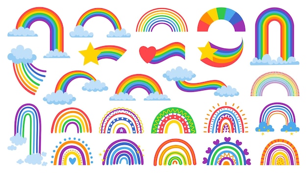 Cartoon regenboog schattig hemel boog wolk ster en hart met regenboog staart magische kleur strepen hand getekende vector illustratie set