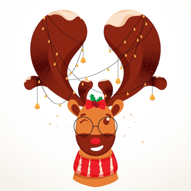 Cartoon reindeer face with lighting garland on white background.