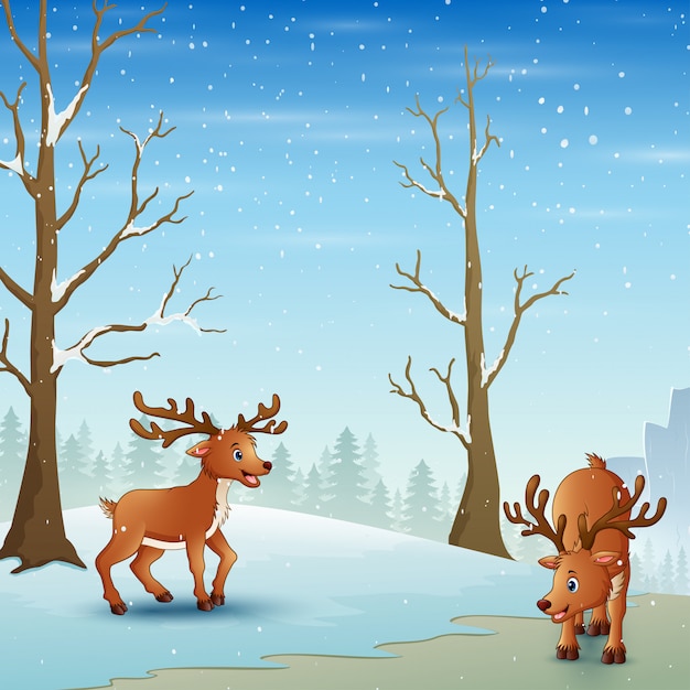 Vector cartoon reindeer playing on the snowy forest