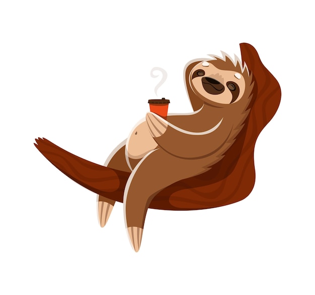 Cartoon relaxing sloth character enjoys a tranquil nap on a branch coffee cup in hand Isolated vector serene and laidback tropical animal personage capturing the essence of leisure and comfort