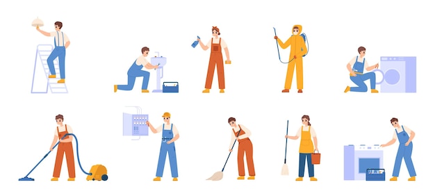 cartoon repairman characters electrician plumber and disinfector cleaning service staff workers female male characters snugly vector set