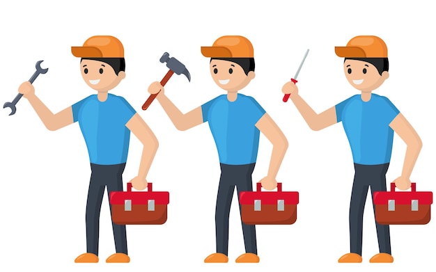 Cartoon repairman with different tools for repair