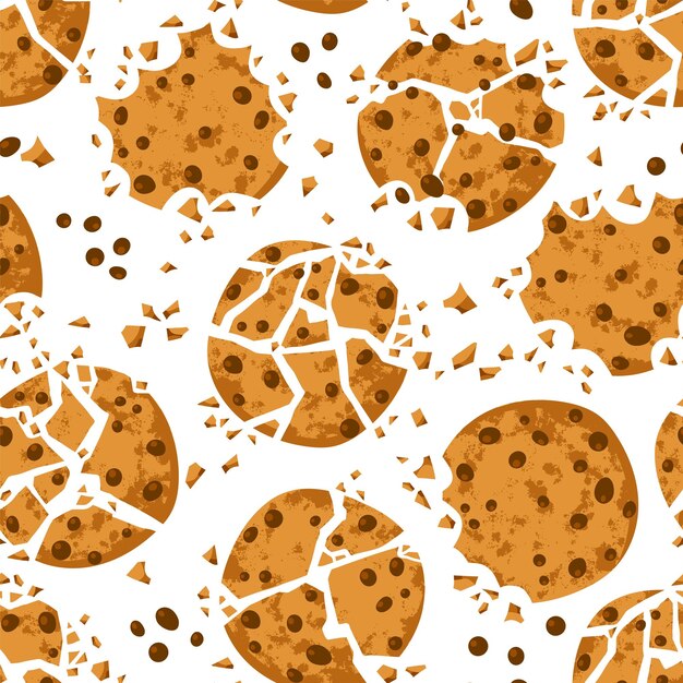 Vector cartoon repeated broken cookies homemade round biscuits with chocolate drops sweet crackers crumbs and pieces vector seamless pattern