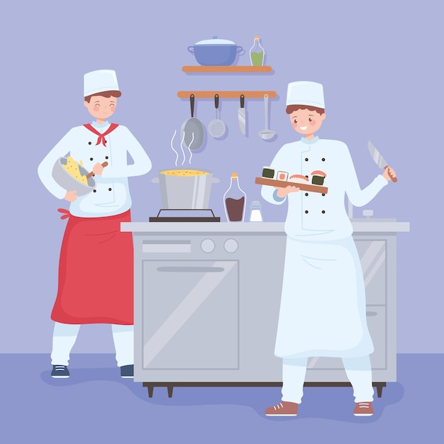 Vector cartoon restaurant chefs preparing meal and desserts