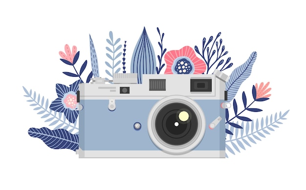 Vettore icona della fotocamera retrò dei cartoni animati per storie di instagram tshirt stampa adesivi carte poster fotocamera colorata con fiori rosa e foglie illustrazione vettoriale disegnata a mano su sfondo bianco