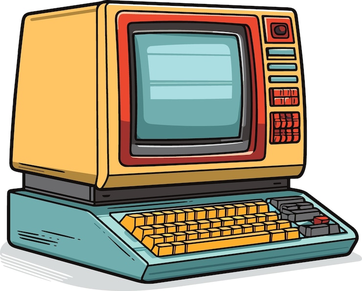 Vector cartoon retro computer monitor with keyboard retro vector illustration kitsch vintage