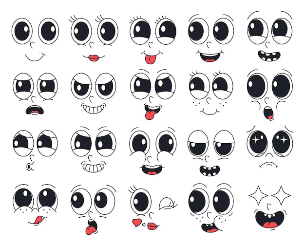 Cartoon retro emotions of different facial expressions cheerful emotion mascot symbol 60s animation design elements vector illustration