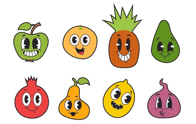 Cartoon retro fruit vegetable character stickers emotions set graphic design illustration